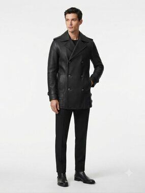 SMART RANGE MEN'S BLACK LEATHER DOUBLE BREASTED COAT - XS
